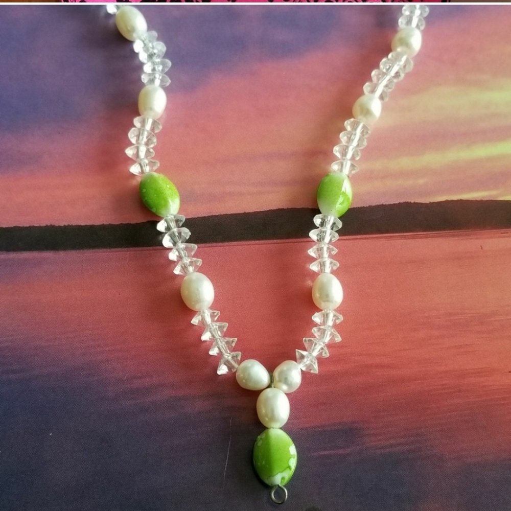 Bead Necklace Clear Green Faux Pearl